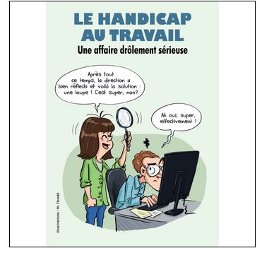 Une femme est postionnée debout derrière un homme assis. La femme tend une loupe et dit "Après tout ce temps, la direction a bien réfléchi et voilà la solution : une loupe ! Cest super, non ?" L'homme répond "Ah oui super, effectivement !" d'un air très dubitatif.