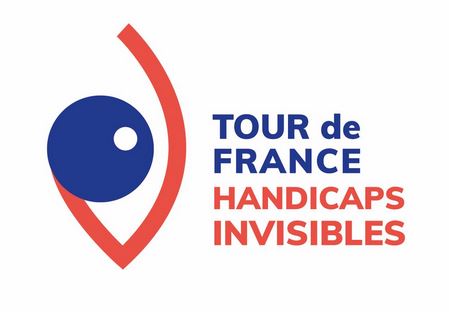 Logo qui présente un rond bleu avec un point blanc au centre et une courbe rouge sur la partie droite. La mention du Tour des France des handicaps invisibles est inscrite à droite (en bleu et rouge).