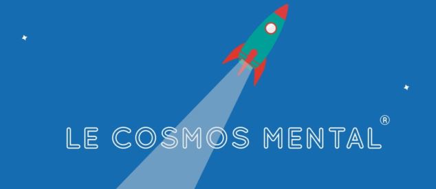 Une fusée qui s'envole. Le texte en dessous de la fusée mentionne "le cosmos mental".